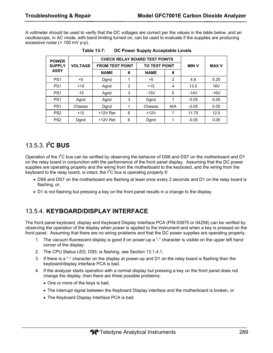 C bus, Keyboard/display interface | Teledyne GFC-7001E - Trace CO Analyzer User Manual | Page 289 / 321