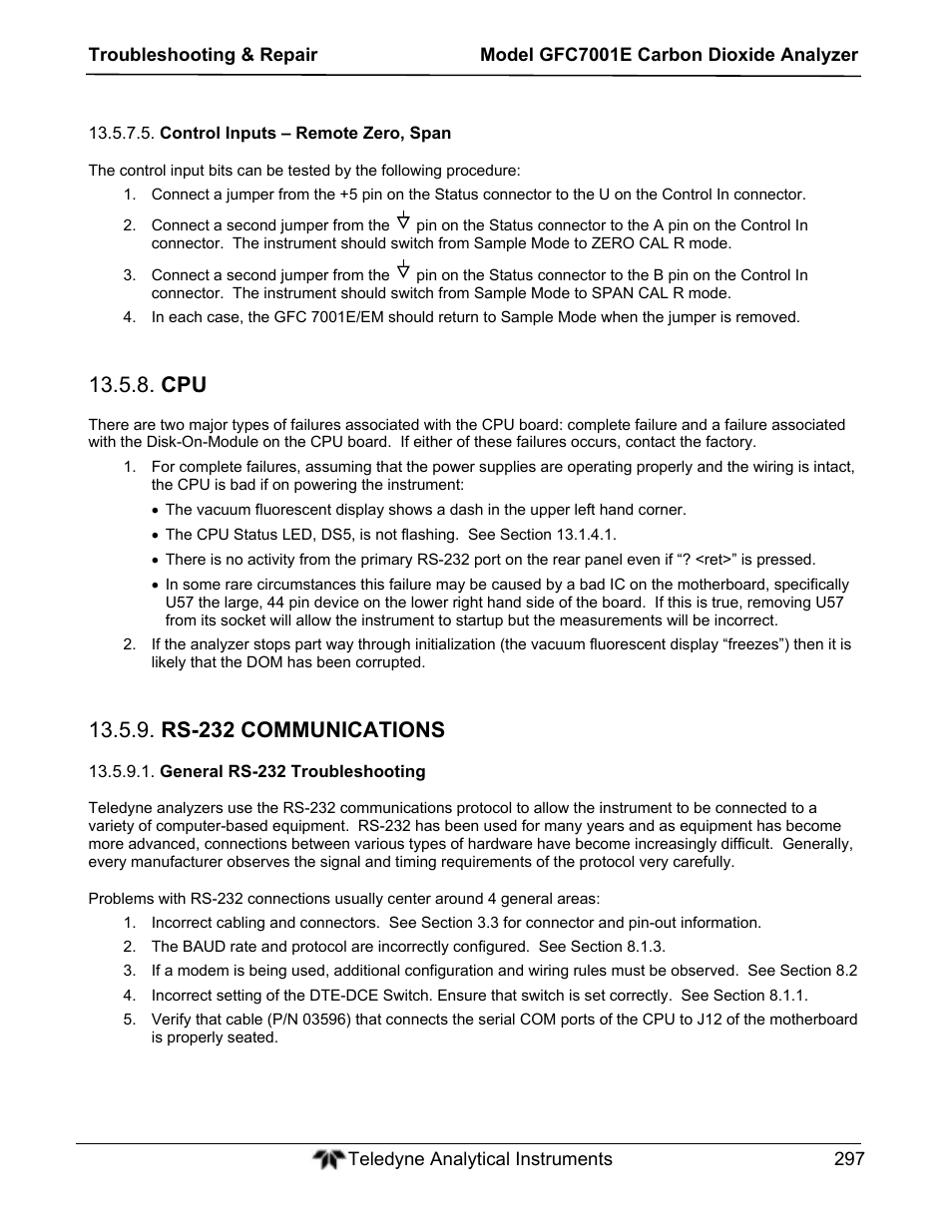 Rs-232 communications | Teledyne GFC-7001E - Trace CO Analyzer User Manual | Page 297 / 321