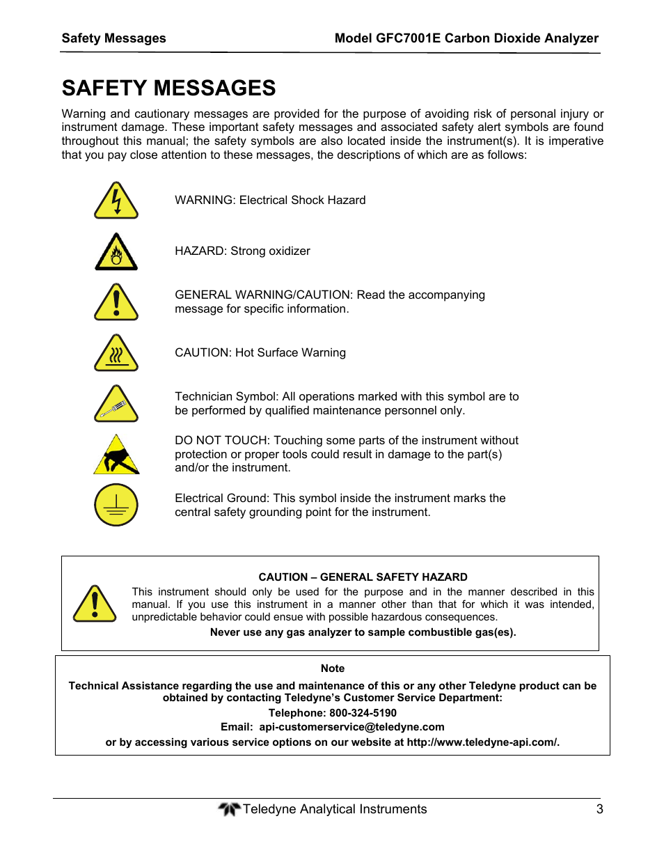 Safety messages | Teledyne GFC-7001E - Trace CO Analyzer User Manual | Page 3 / 321