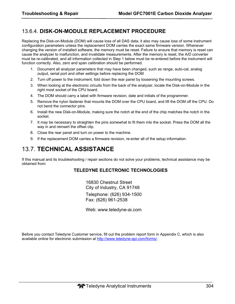 Technical assistance, Disk-on-module replacement procedure | Teledyne GFC-7001E - Trace CO Analyzer User Manual | Page 304 / 321