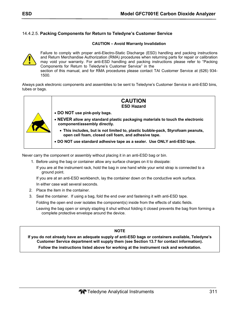 Caution | Teledyne GFC-7001E - Trace CO Analyzer User Manual | Page 311 / 321