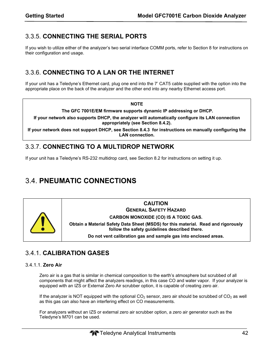 Pneumatic connections, Connecting the serial ports, Connecting to a lan or the internet | Connecting to a multidrop network, Calibration gases | Teledyne GFC-7001E - Trace CO Analyzer User Manual | Page 42 / 321