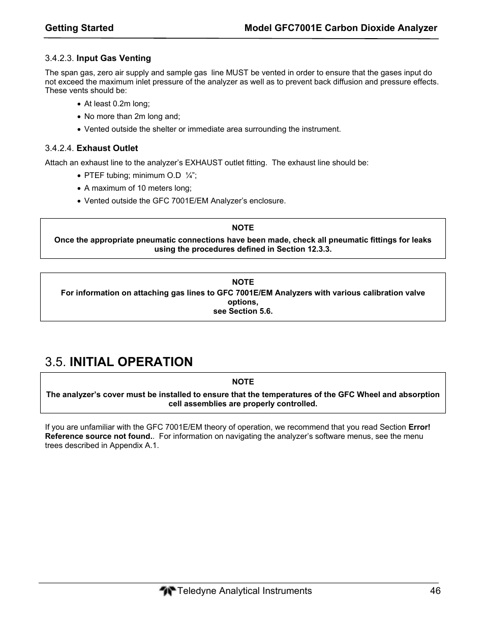 Initial operation | Teledyne GFC-7001E - Trace CO Analyzer User Manual | Page 46 / 321