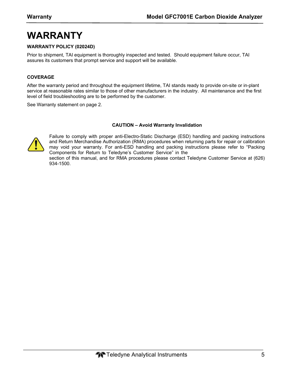 Warranty | Teledyne GFC-7001E - Trace CO Analyzer User Manual | Page 5 / 321