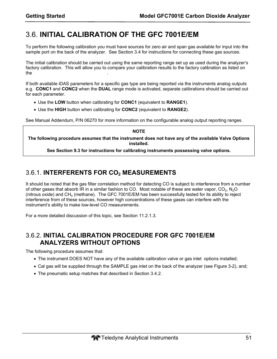Initial calibration of the gfc 7001e/em, Interferents for co, Measurements | Teledyne GFC-7001E - Trace CO Analyzer User Manual | Page 51 / 321