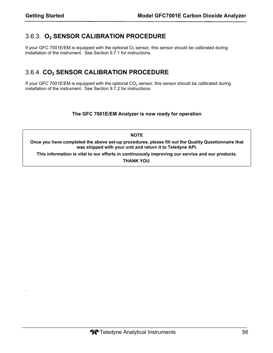 Sensor calibration procedure | Teledyne GFC-7001E - Trace CO Analyzer User Manual | Page 56 / 321