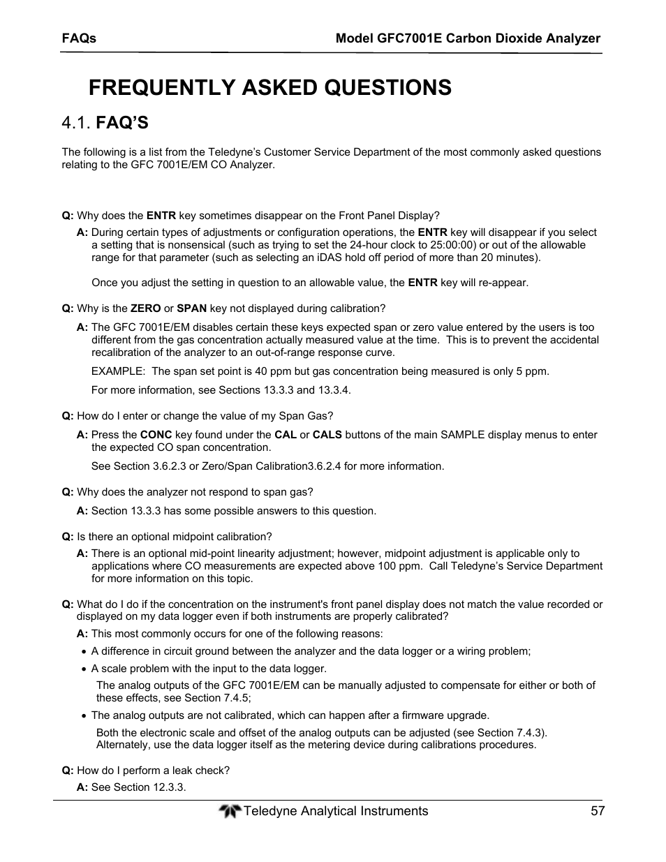 Frequently asked questions, Faq’s | Teledyne GFC-7001E - Trace CO Analyzer User Manual | Page 57 / 321