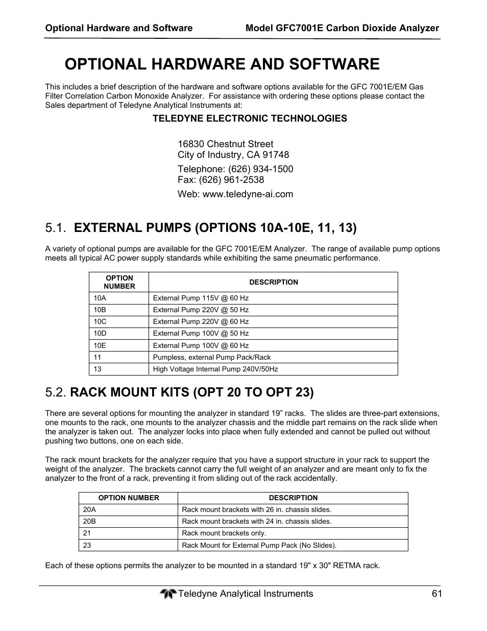 Optional hardware and software, Rack mount kits (opt 20 to opt 23) | Teledyne GFC-7001E - Trace CO Analyzer User Manual | Page 61 / 321