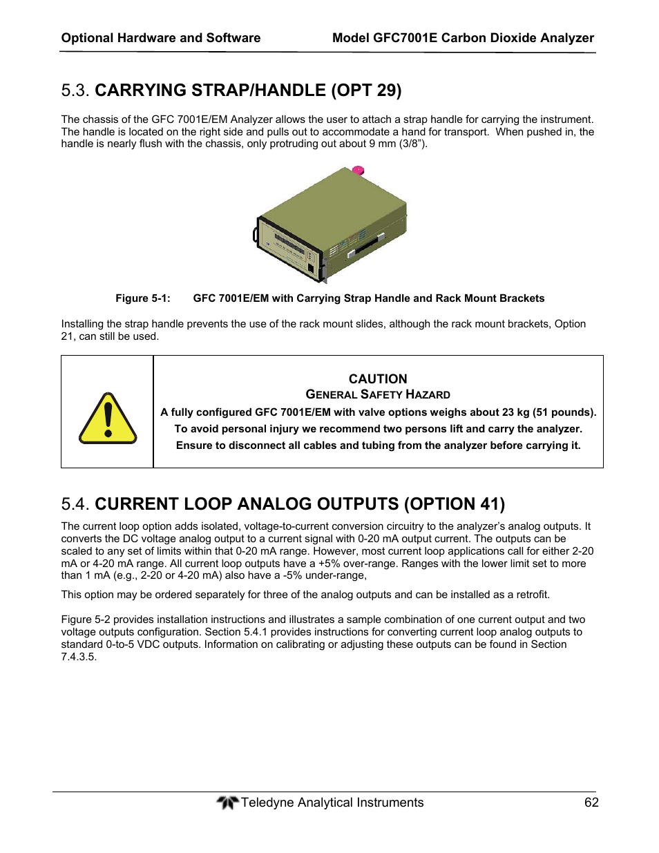 Carrying strap/handle (opt 29), Current loop analog outputs (option 41) | Teledyne GFC-7001E - Trace CO Analyzer User Manual | Page 62 / 321