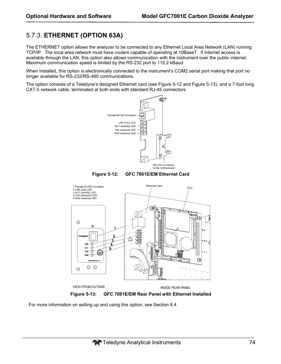 Ethernet (option 63a) | Teledyne GFC-7001E - Trace CO Analyzer User Manual | Page 74 / 321