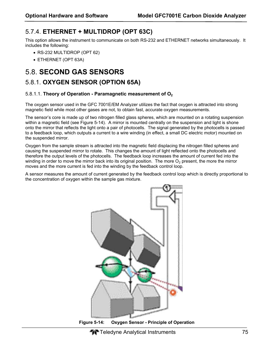 Second gas sensors, Ethernet + multidrop (opt 63c), Oxygen sensor (option 65a) | Teledyne GFC-7001E - Trace CO Analyzer User Manual | Page 75 / 321