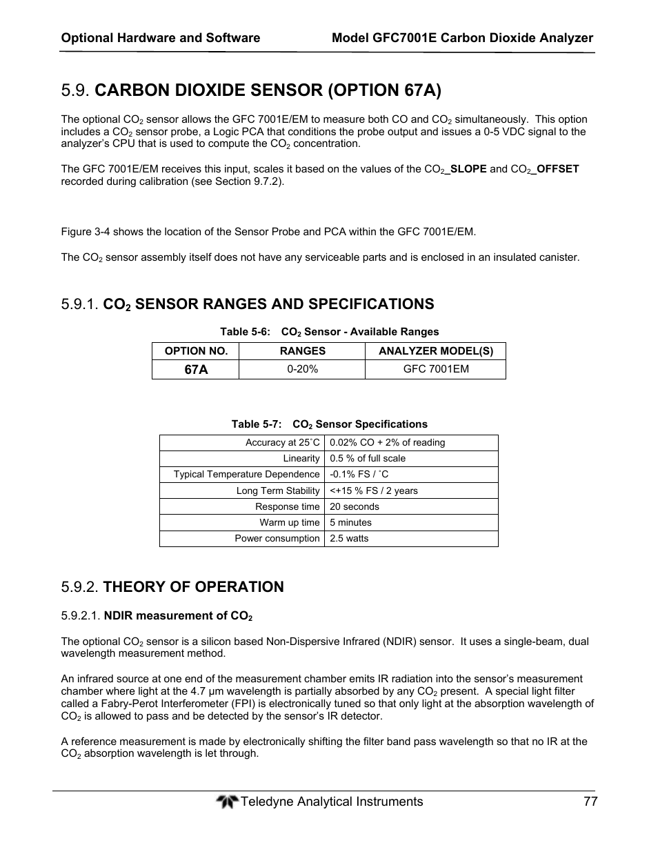 Carbon dioxide sensor (option 67a), Sensor ranges and specifications, Theory of operation | Teledyne GFC-7001E - Trace CO Analyzer User Manual | Page 77 / 321