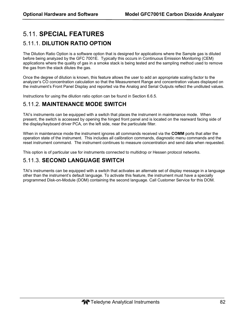 Special features, Dilution ratio option, Maintenance mode switch | Second language switch | Teledyne GFC-7001E - Trace CO Analyzer User Manual | Page 82 / 321