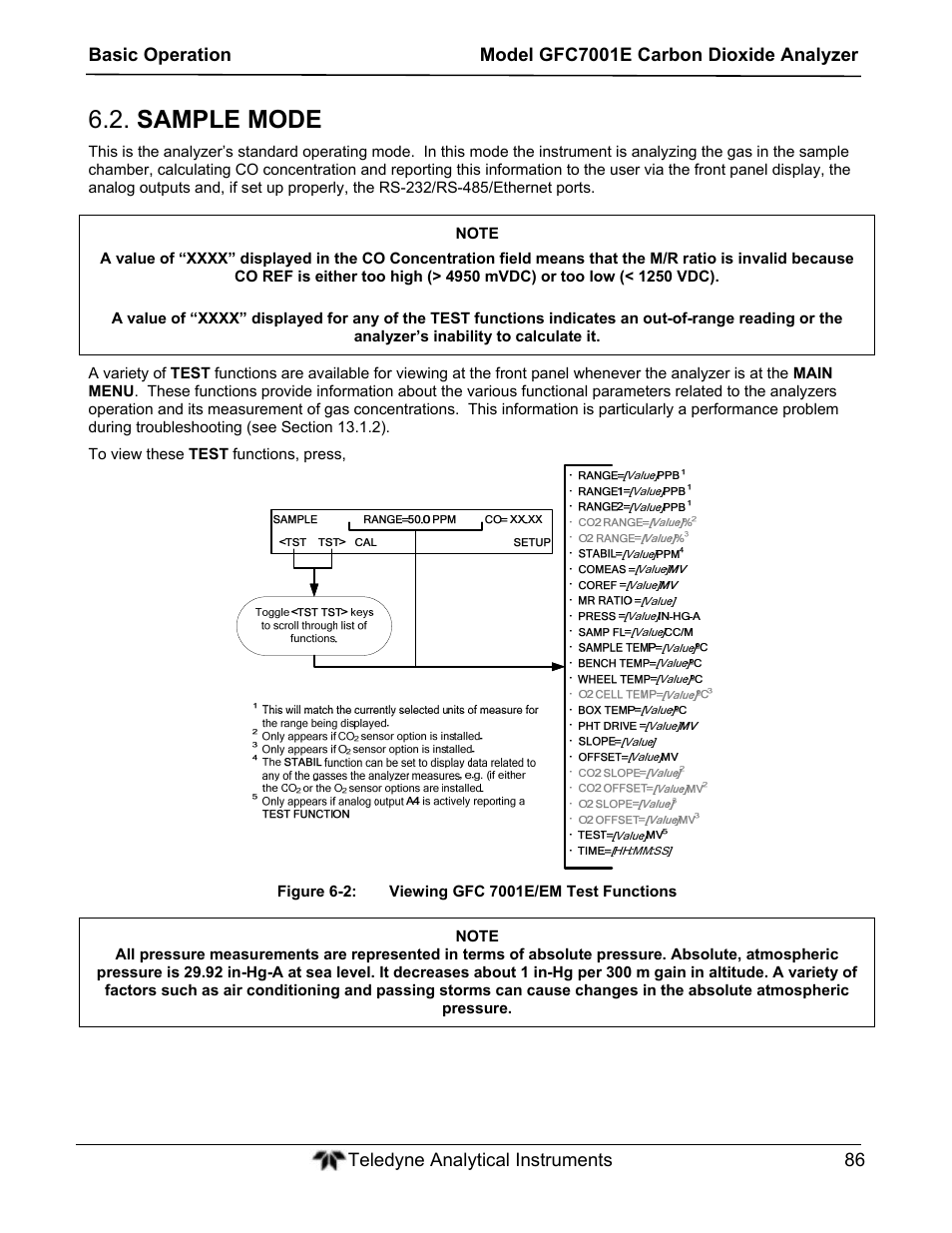 Sample mode | Teledyne GFC-7001E - Trace CO Analyzer User Manual | Page 86 / 321