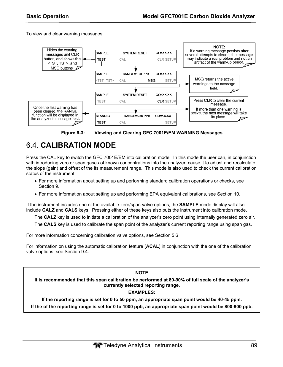 Calibration mode | Teledyne GFC-7001E - Trace CO Analyzer User Manual | Page 89 / 321