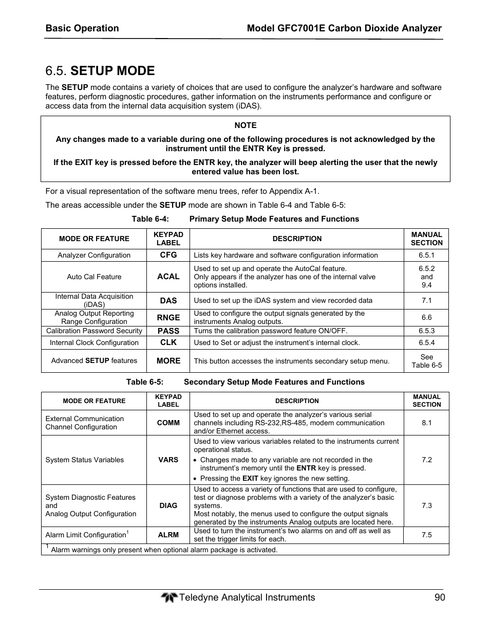 Setup mode | Teledyne GFC-7001E - Trace CO Analyzer User Manual | Page 90 / 321