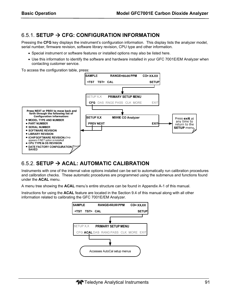 Setup  cfg: configuration information, Setup  acal: automatic calibration | Teledyne GFC-7001E - Trace CO Analyzer User Manual | Page 91 / 321