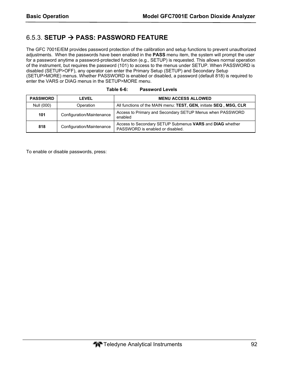Setup  pass: password feature | Teledyne GFC-7001E - Trace CO Analyzer User Manual | Page 92 / 321