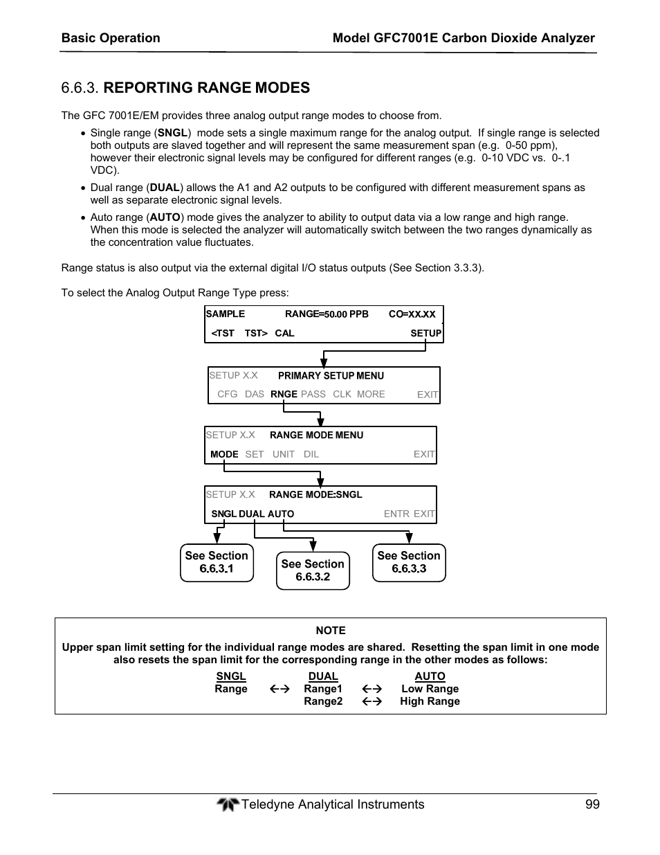 Reporting range, Modes | Teledyne GFC-7001E - Trace CO Analyzer User Manual | Page 99 / 321
