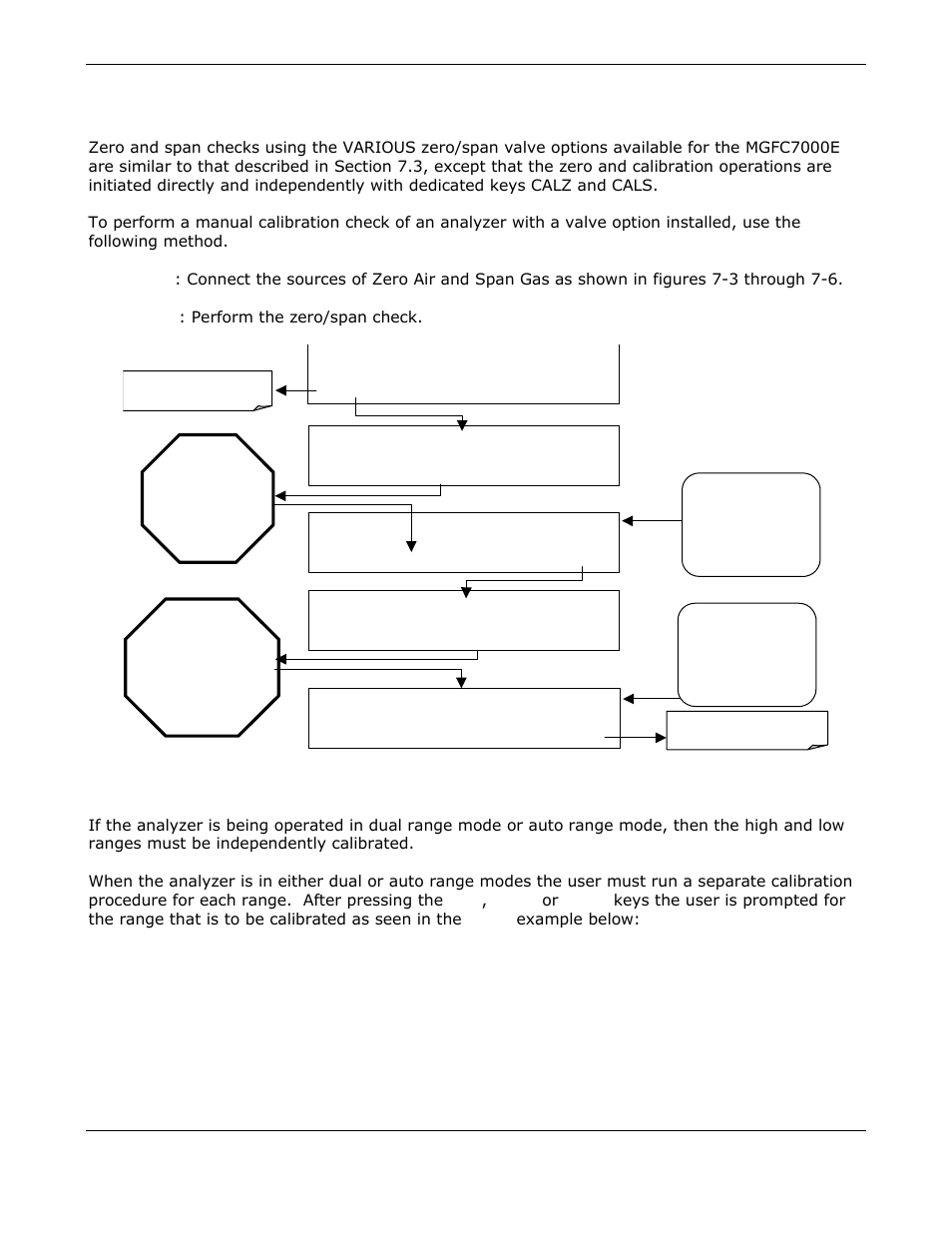 Manual calibration checks with zero/span valves, Zero/span calibration on auto range or dual ranges | Teledyne GFC-7000E - Trace CO2 Analyzer User Manual | Page 148 / 265