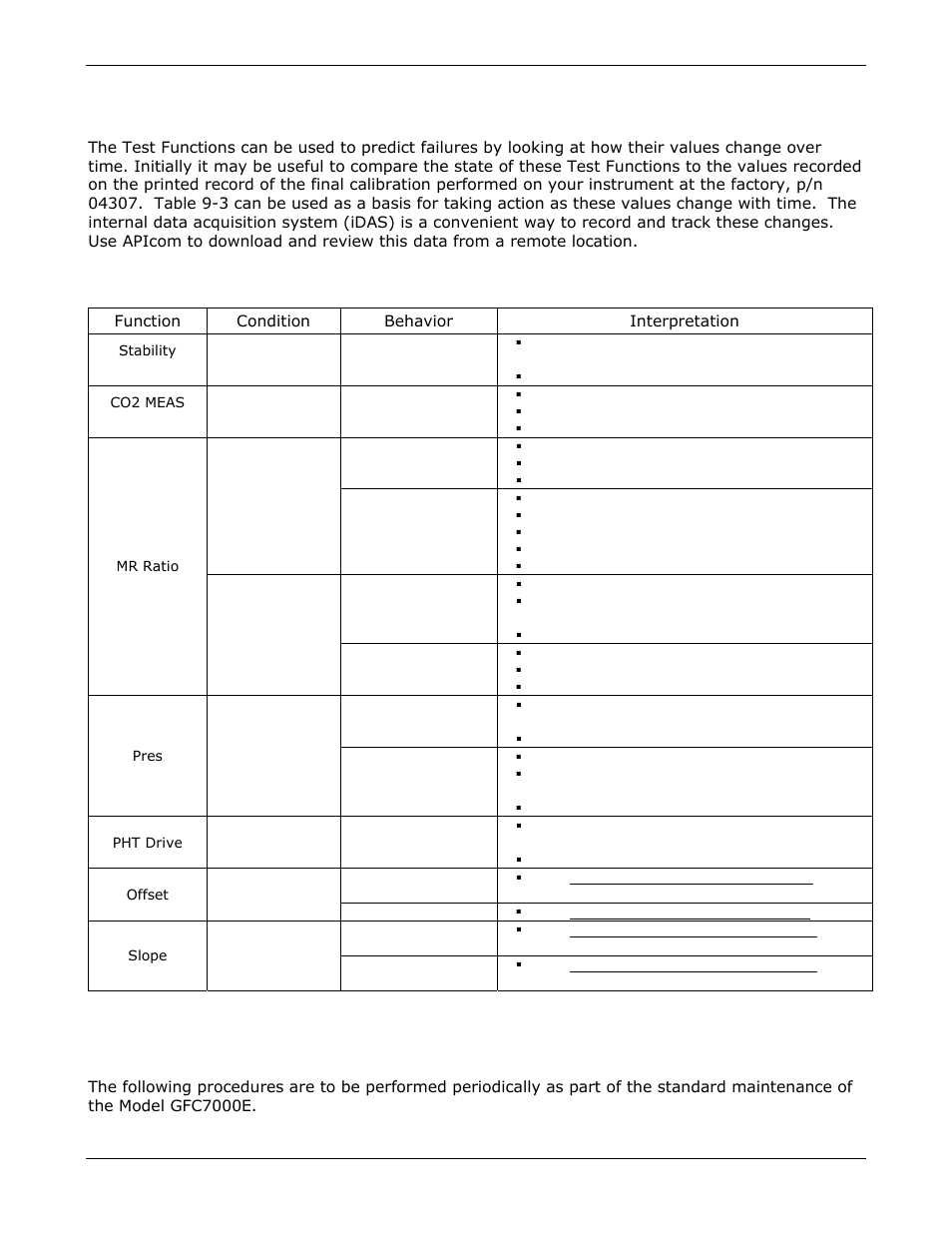 Predicting failures using the test functions, Maintenance procedures | Teledyne GFC-7000E - Trace CO2 Analyzer User Manual | Page 159 / 265