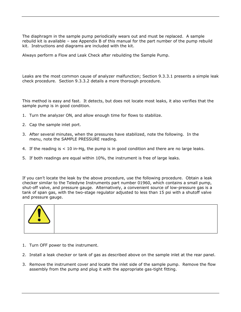 Rebuilding the sample pump, Performing leak checks | Teledyne GFC-7000E - Trace CO2 Analyzer User Manual | Page 161 / 265