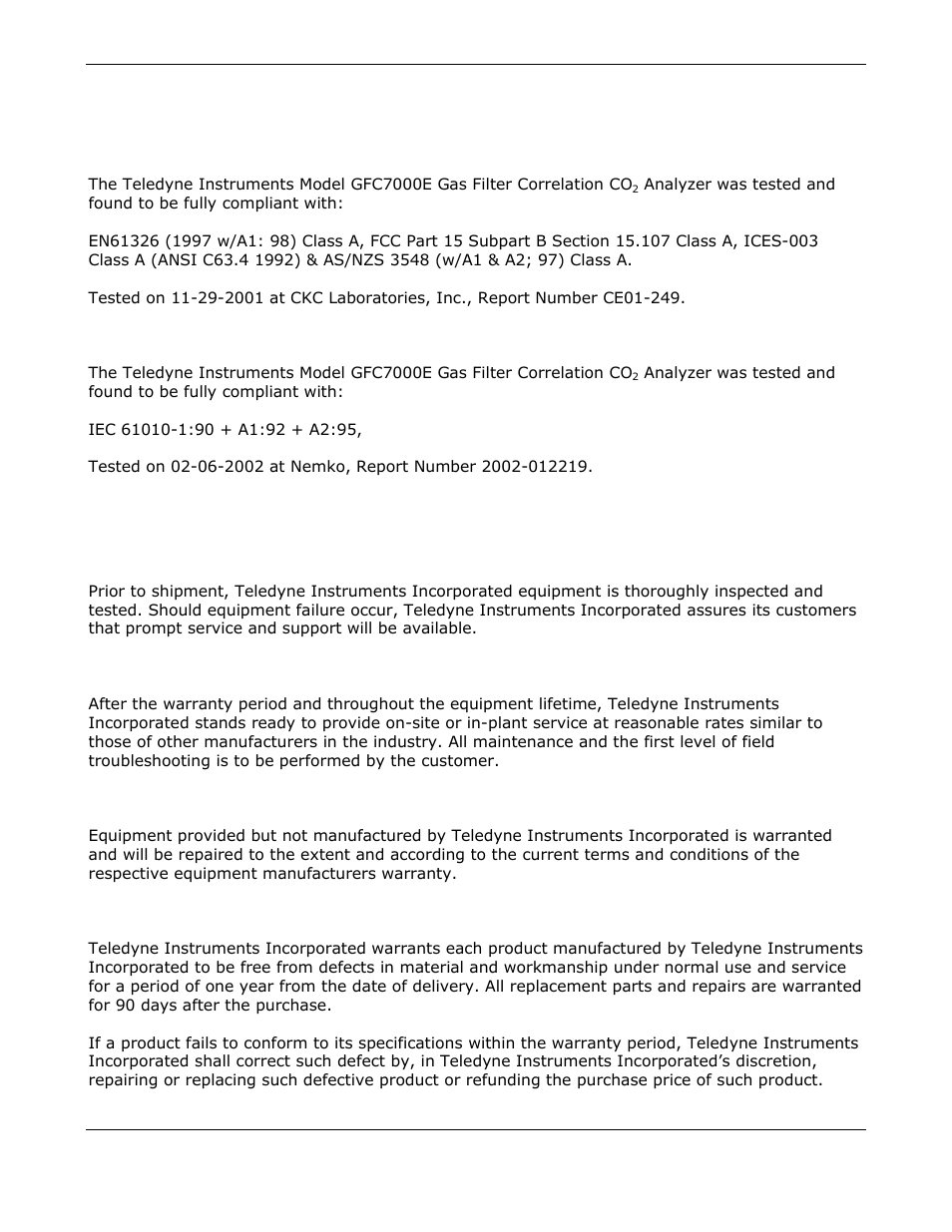 Ce mark compliance, Warranty | Teledyne GFC-7000E - Trace CO2 Analyzer User Manual | Page 17 / 265