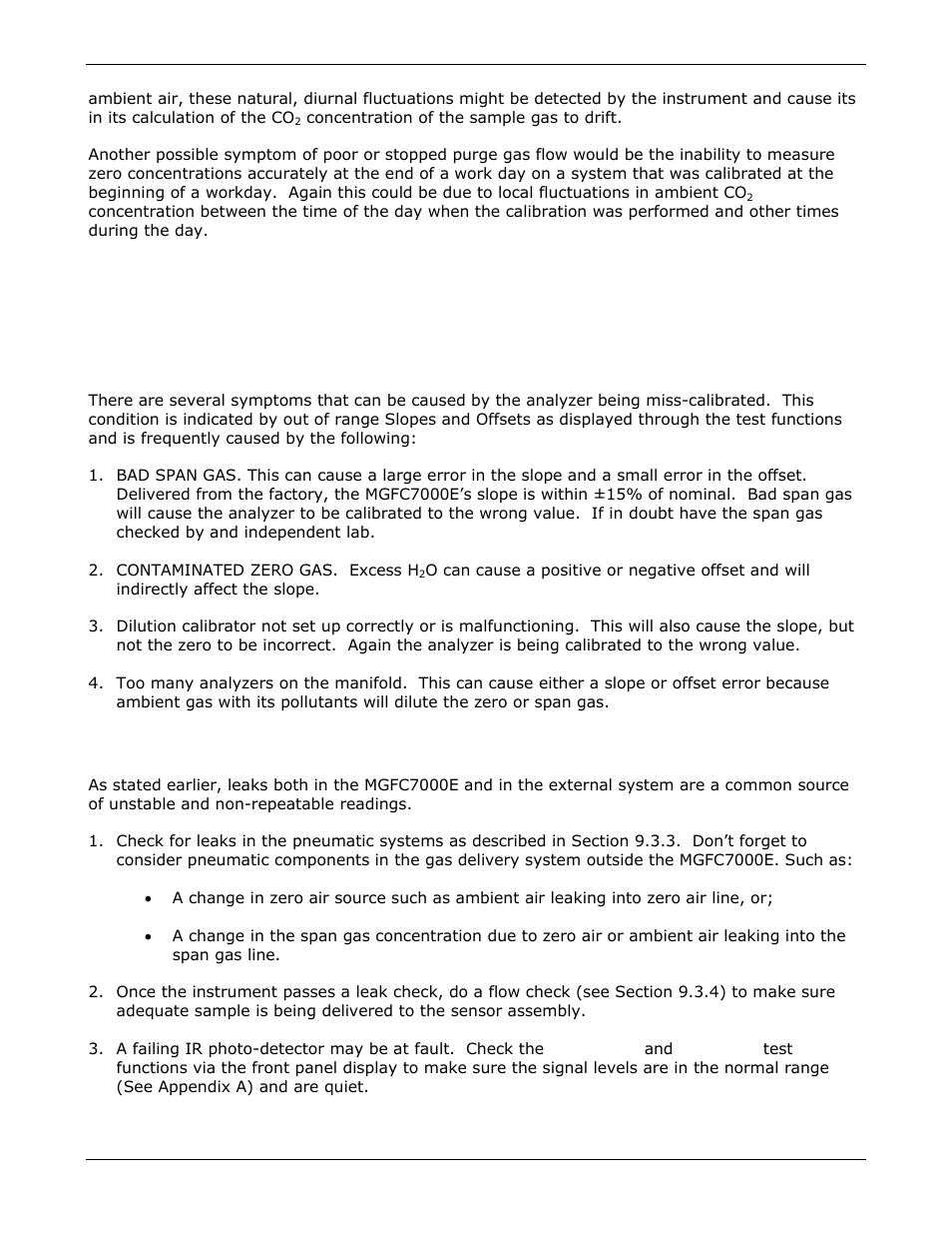 Calibration problems, Miss-calibrated, Non-repeatable zero and span | Teledyne GFC-7000E - Trace CO2 Analyzer User Manual | Page 206 / 265