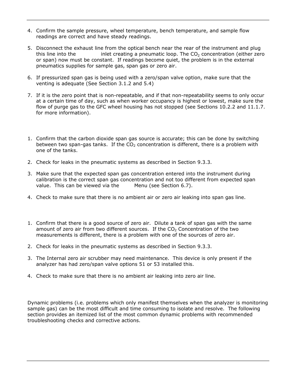 Other performance problems, Inability to span – no span key, Inability to zero – no zero key | Teledyne GFC-7000E - Trace CO2 Analyzer User Manual | Page 207 / 265