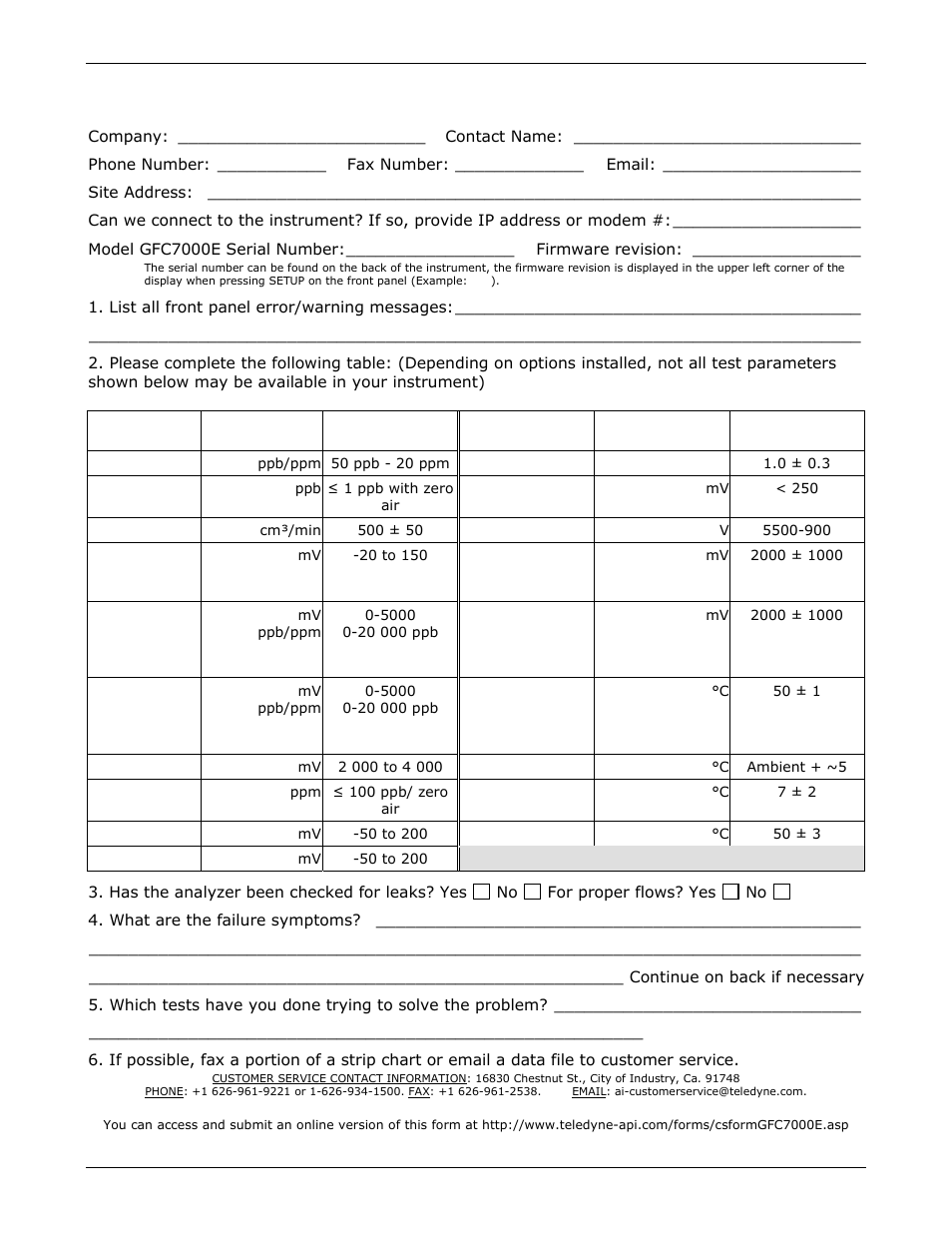 Appendix c - repair questionnaire - gfc7000e | Teledyne GFC-7000E - Trace CO2 Analyzer User Manual | Page 262 / 265