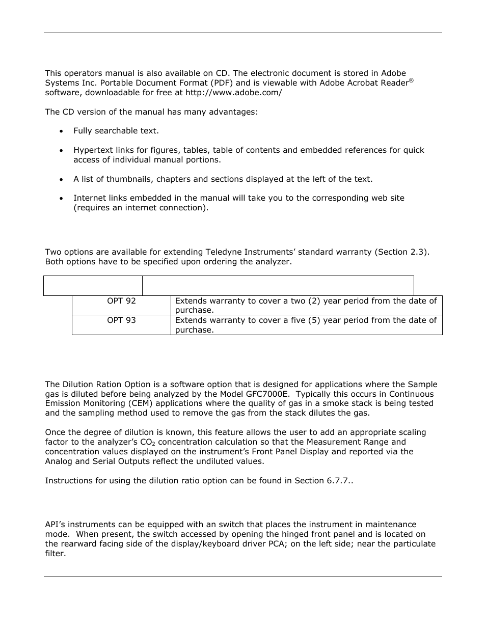 Extended warranty (options 92 & 93), Dilution ratio option, Maintenance mode switch | Teledyne GFC-7000E - Trace CO2 Analyzer User Manual | Page 54 / 265
