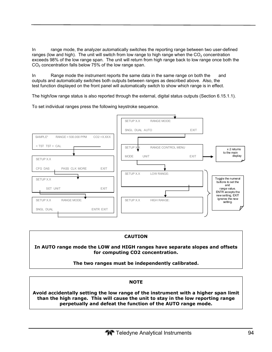 Auto range mode (auto) | Teledyne GFC-7000T - Trace CO2 Analyzer - manual User Manual | Page 112 / 280