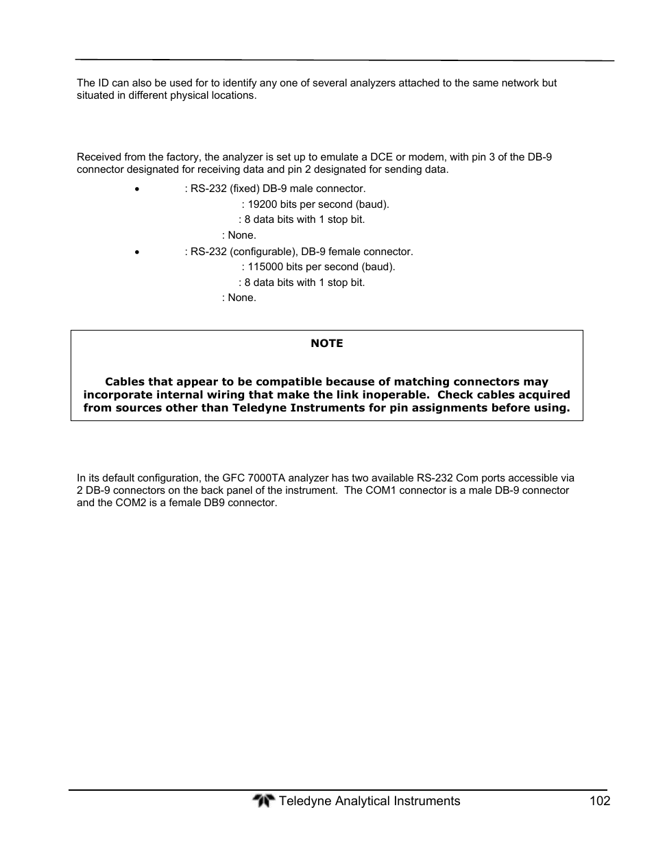 Com port default settings | Teledyne GFC-7000T - Trace CO2 Analyzer - manual User Manual | Page 120 / 280