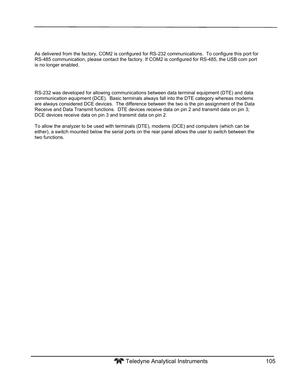 Rs-485 configuration of com2, Dte and dce communication | Teledyne GFC-7000T - Trace CO2 Analyzer - manual User Manual | Page 123 / 280