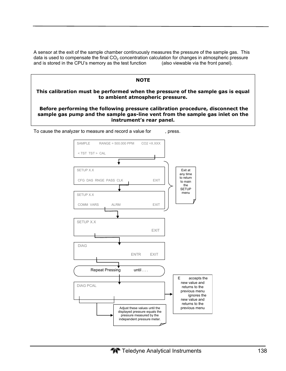 Pressure calibration | Teledyne GFC-7000T - Trace CO2 Analyzer - manual User Manual | Page 156 / 280