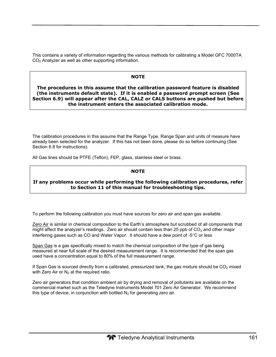 Calibration procedures, Before calibration, Zero air and span gas | Teledyne GFC-7000T - Trace CO2 Analyzer - manual User Manual | Page 179 / 280