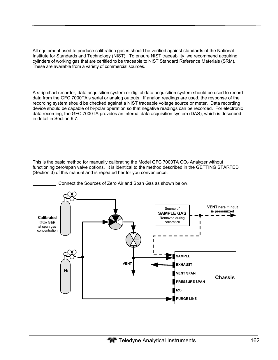 Manual calibration without zero/span valves, Calibration gas traceability, Data recording devices | Teledyne GFC-7000T - Trace CO2 Analyzer - manual User Manual | Page 180 / 280