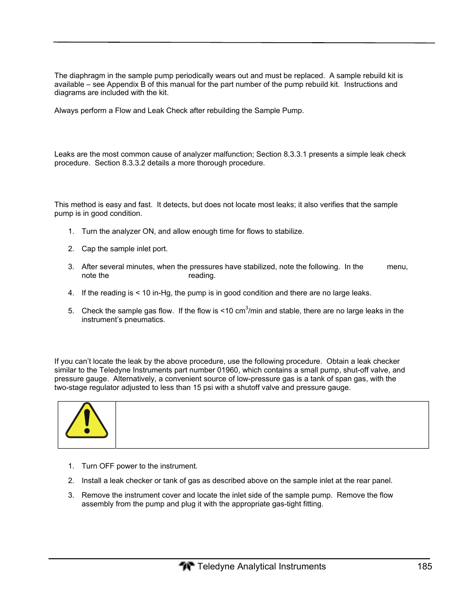 Rebuilding the sample pump, Performing leak checks | Teledyne GFC-7000T - Trace CO2 Analyzer - manual User Manual | Page 203 / 280