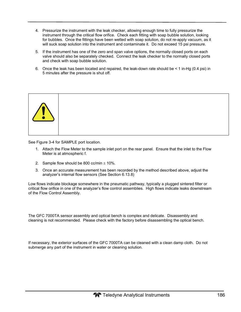 Performing a sample flow check, Cleaning the optical bench, Cleaning exterior surfaces of the gfc 7000ta | Teledyne GFC-7000T - Trace CO2 Analyzer - manual User Manual | Page 204 / 280