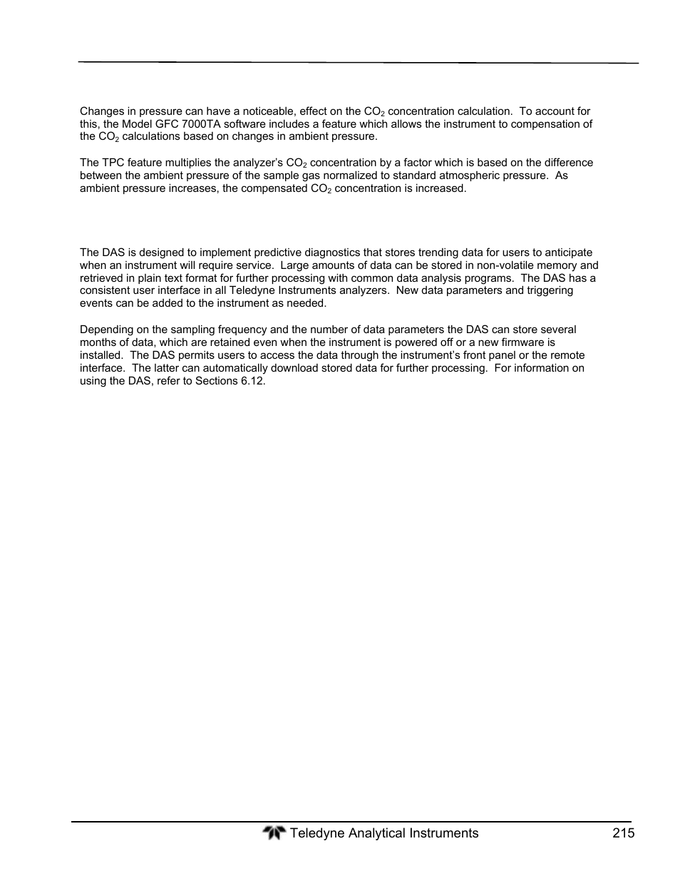 Temperature and pressure compensation, Internal data acquisition system (das) | Teledyne GFC-7000T - Trace CO2 Analyzer - manual User Manual | Page 233 / 280