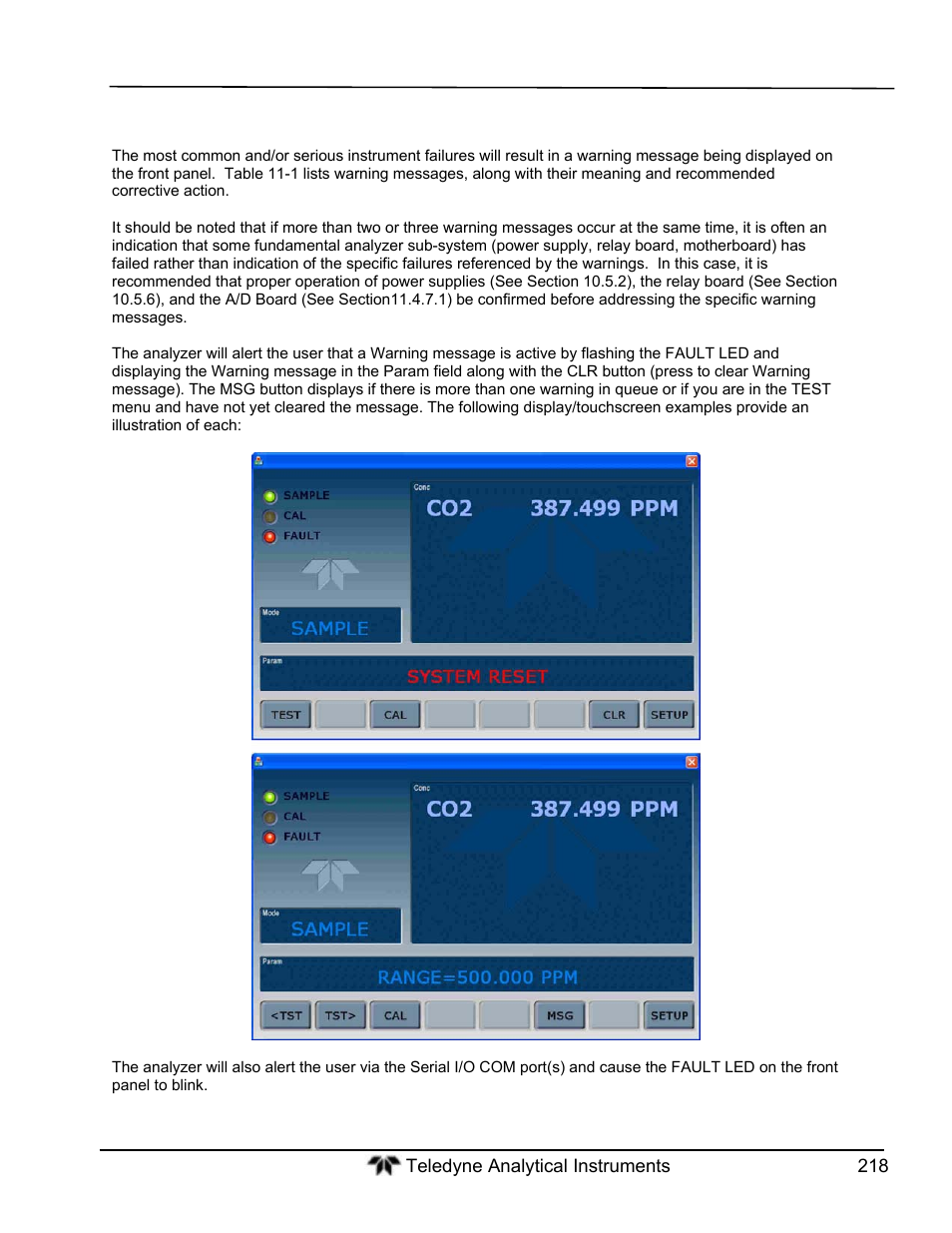 Interpreting warning messages | Teledyne GFC-7000T - Trace CO2 Analyzer - manual User Manual | Page 236 / 280