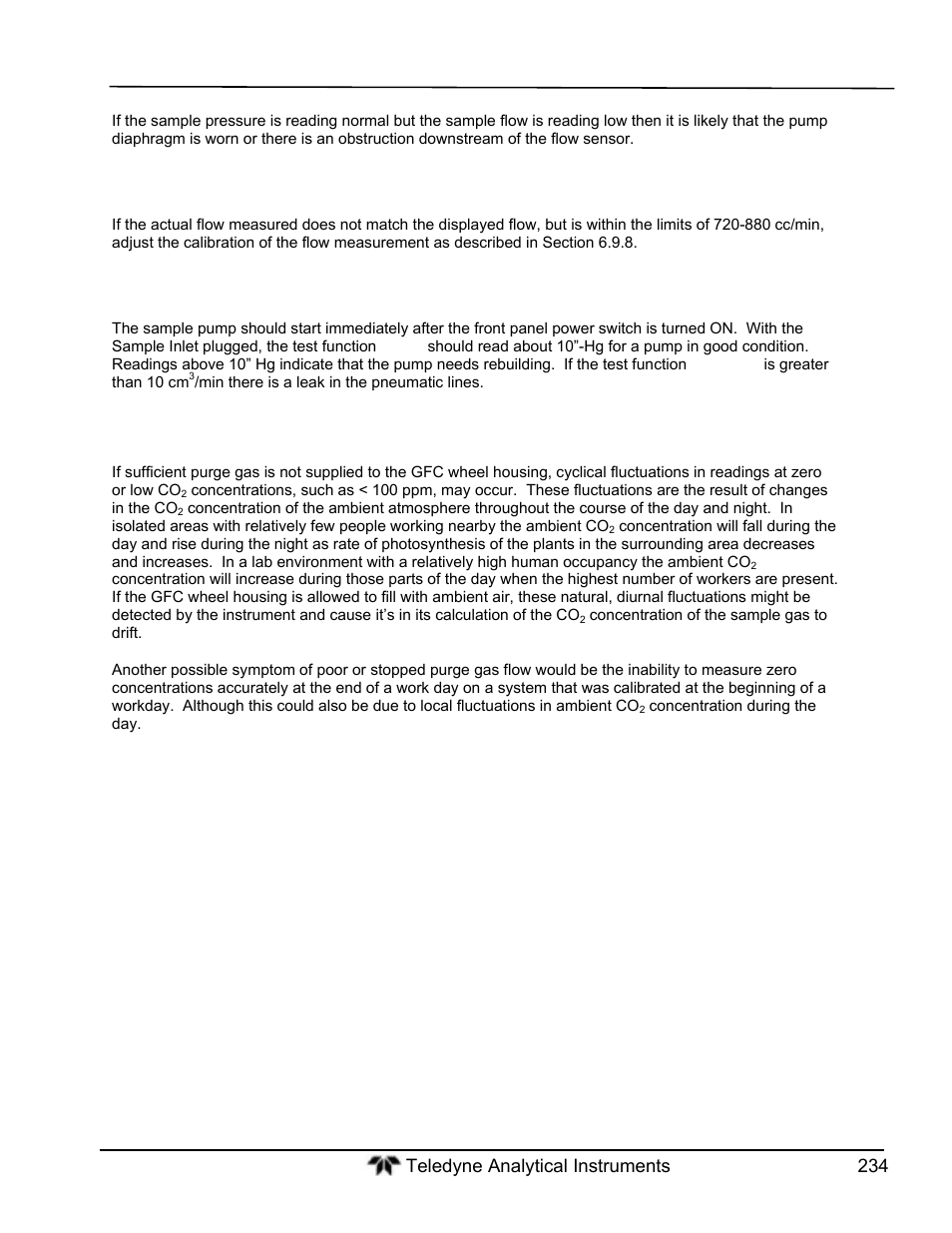 Poor or stopped flow of purge gas | Teledyne GFC-7000T - Trace CO2 Analyzer - manual User Manual | Page 252 / 280