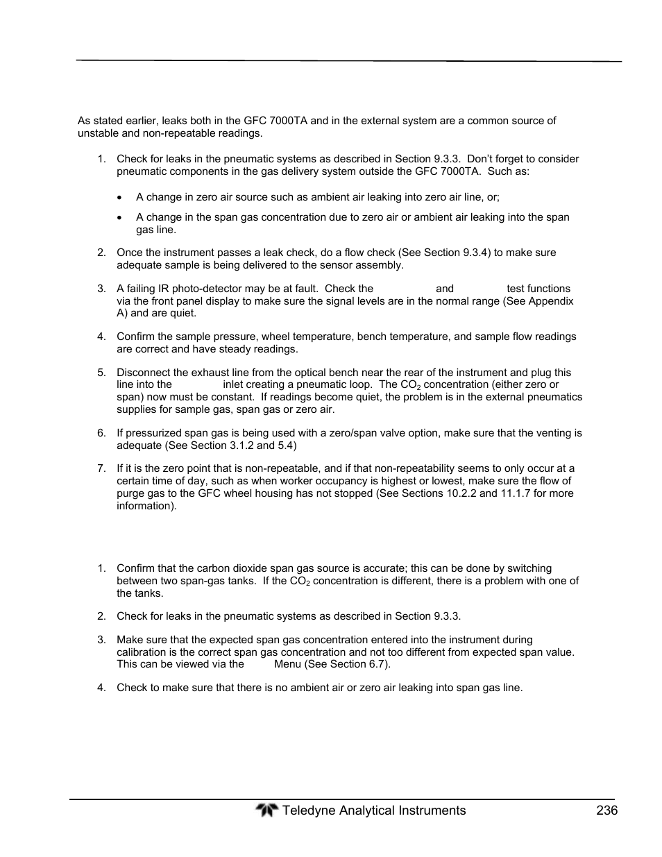 Non-repeatable zero and span | Teledyne GFC-7000T - Trace CO2 Analyzer - manual User Manual | Page 254 / 280