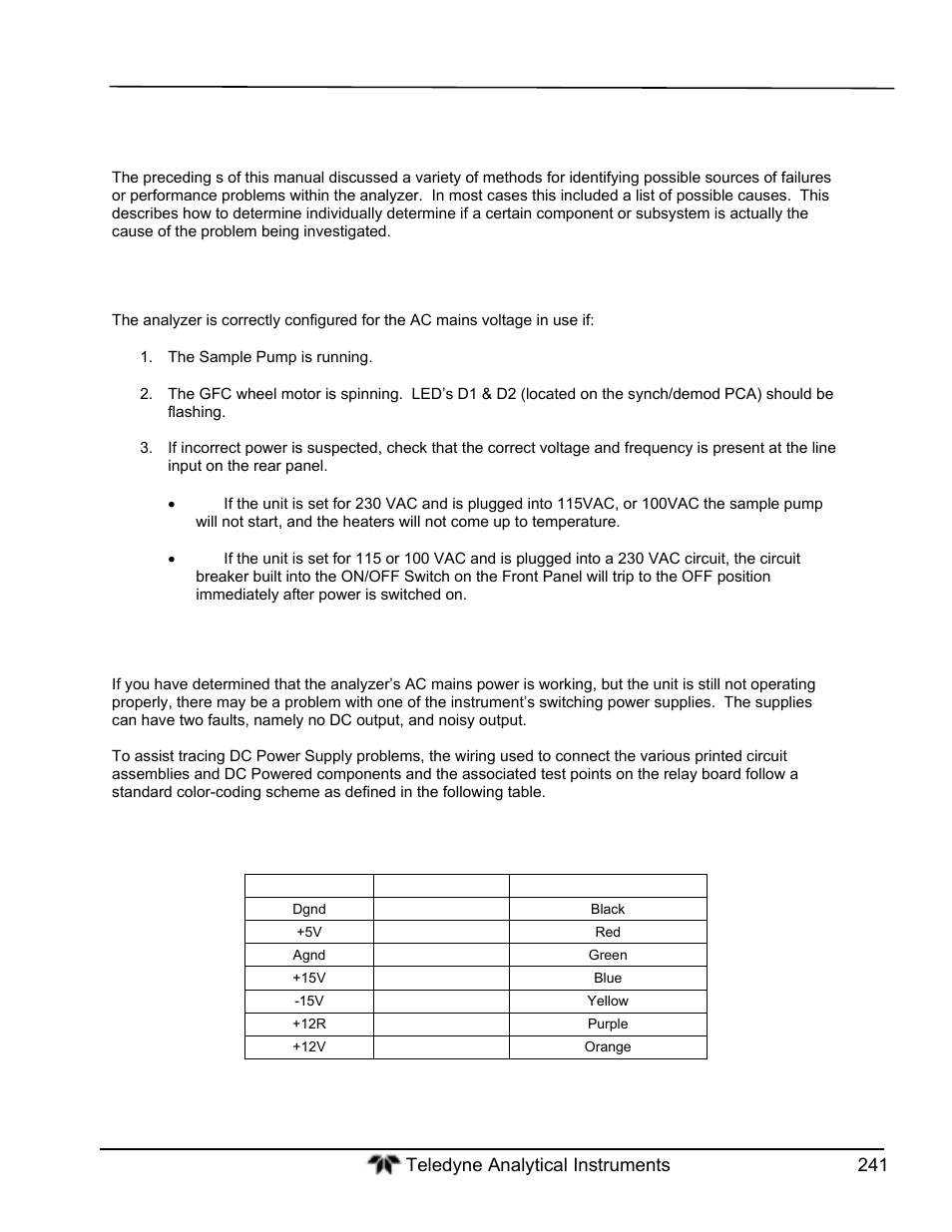 Subsystem checkout, Ac mains configuration, Dc power supply | Teledyne GFC-7000T - Trace CO2 Analyzer - manual User Manual | Page 259 / 280