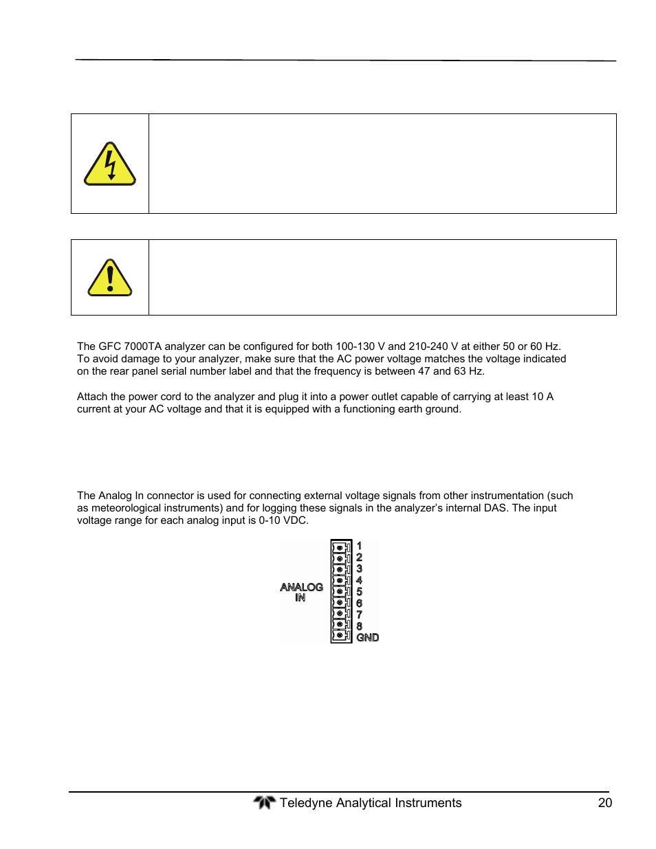 Power connection, Connecting analog inputs (option 64) | Teledyne GFC-7000T - Trace CO2 Analyzer - manual User Manual | Page 38 / 280