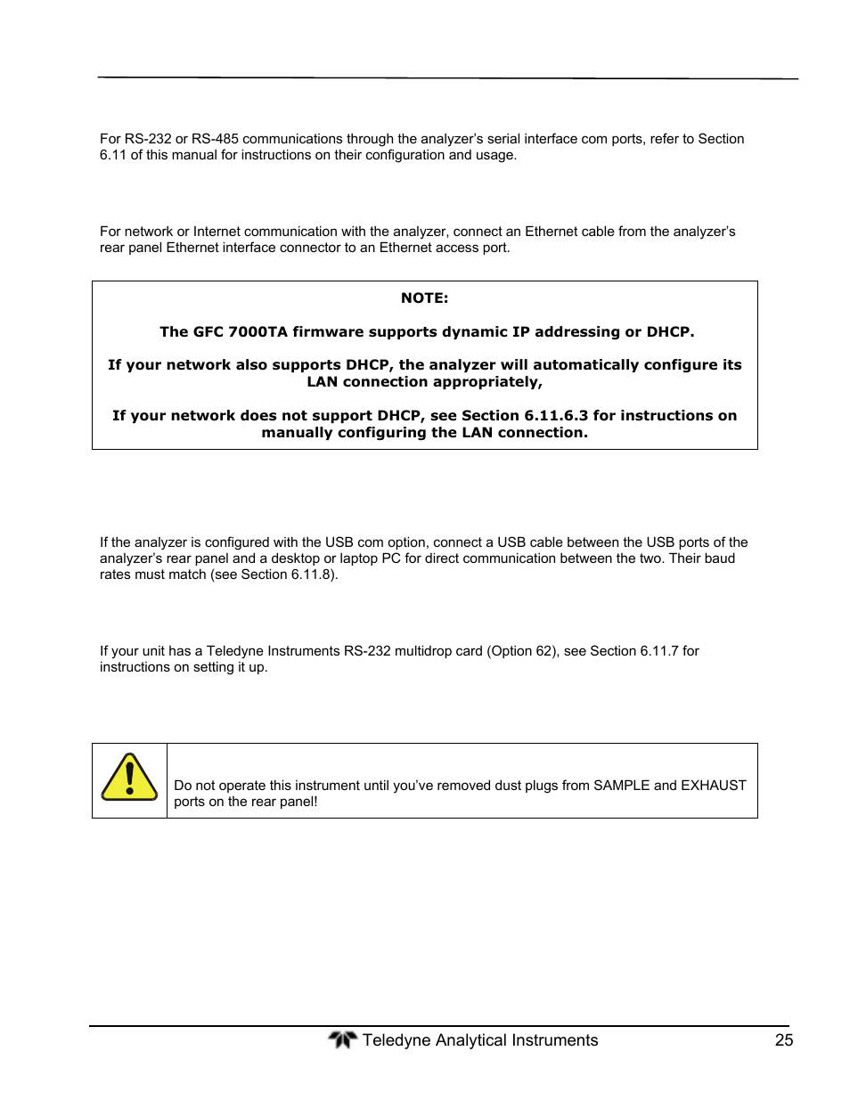 Pneumatic connections, Connecting the communications interfaces | Teledyne GFC-7000T - Trace CO2 Analyzer - manual User Manual | Page 43 / 280