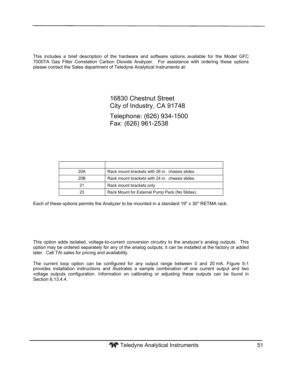 Optional hardware and software, Current loop analog outputs (option 41) | Teledyne GFC-7000T - Trace CO2 Analyzer - manual User Manual | Page 69 / 280