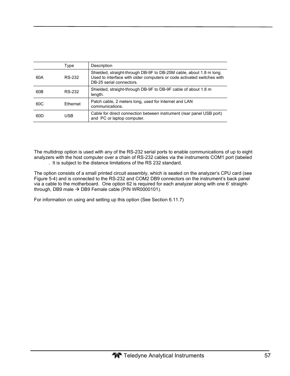 Communication options, Communications cables | Teledyne GFC-7000T - Trace CO2 Analyzer - manual User Manual | Page 75 / 280