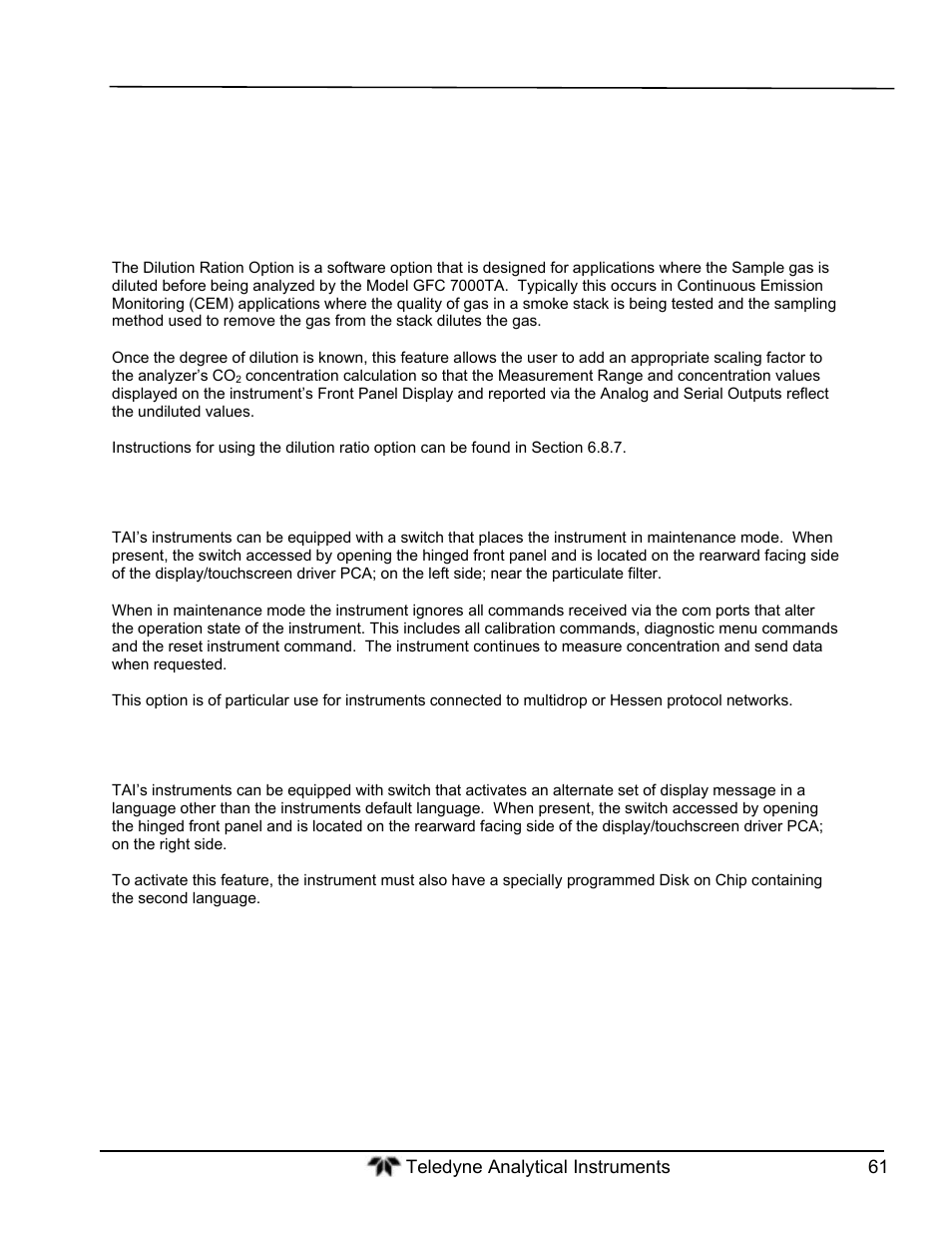 Special features, Dilution ratio option, Maintenance mode switch | Second language switch | Teledyne GFC-7000T - Trace CO2 Analyzer - manual User Manual | Page 79 / 280