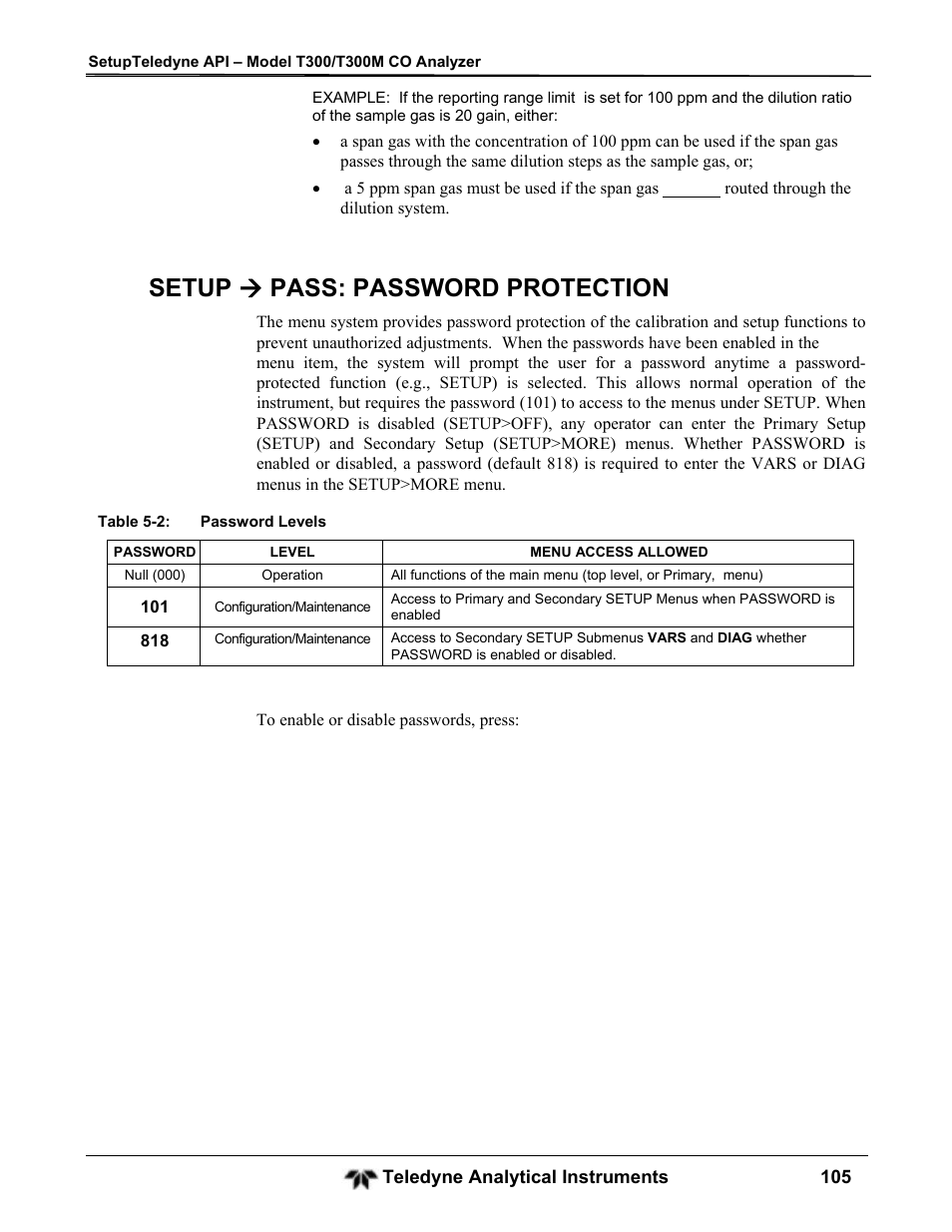 Setup  pass: password protection | Teledyne GFC-7001T - Trace CO Analyzer User Manual | Page 105 / 326